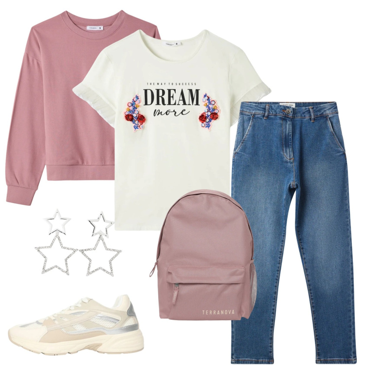 Outfit donna - Total look #2349938. Stile Casual per Tutti i giorni. Abbinamento con t-shirt, felpe, jeans skinny, orecchini, zaini, sneakers.