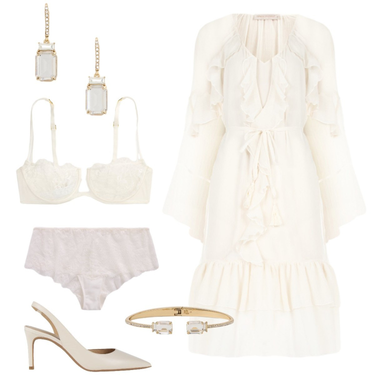 Outfit donna - Sposa di marzo. Stile Romantica per Cerimonia. Abbinamento con décolleté, vestiti midi/longuette, reggiseni a balconcino, orecchini, braccialetti, culotte.