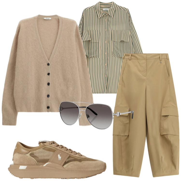 Outfit donna - Pantaloni cargo. Stile Casual chic per Scuola/Università. Abbinamento con cardigans, camicie, pantaloni a palazzo, sneakers, occhiali da sole.