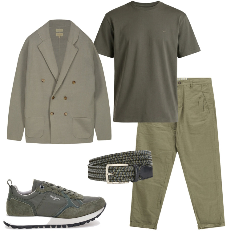 Outfit uomo - Verde di stagione. Stile Casual per Tutti i giorni. Abbinamento con t-shirt, cinture, pantaloni, sneakers, cardigans.