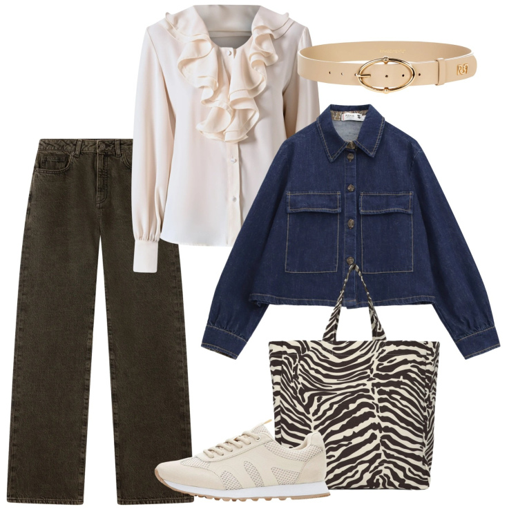 Outfit donna - A marzo. Stile Casual chic per Tutti i giorni. Abbinamento con sneakers, shopping bag, jeans dritti, blazer, cinture, bluse.