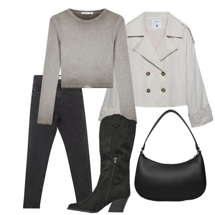 Outfit donna - By terranova - spring time. Stile Casual per Tutti i giorni. Abbinamento con jeans skinny, caban, stivali, borse a tracolla, t-shirt.