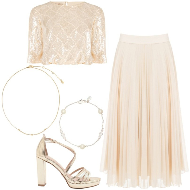 Outfit donna - Toni soft in movimento e raffinatezza. Stile Glamour per Cerimonia. Abbinamento con sandali col tacco, gonne longuette, top, braccialetti, collane.