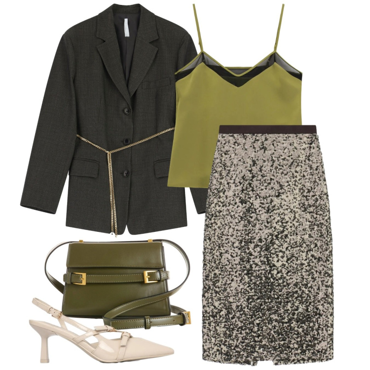 Outfit donna - Serata paillettes. Stile Chic per Serata fuori. Abbinamento con borse a tracolla, décolleté, top, gonne longuette, blazer.