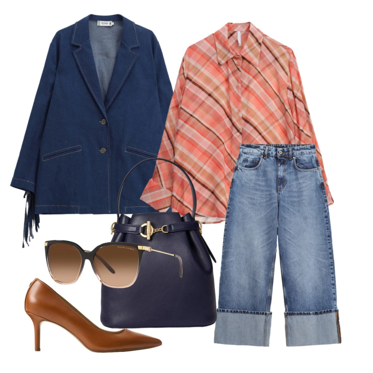 Outfit donna - Marzo. Stile Casual chic per Tutti i giorni. Abbinamento con camicie, jeans, blazer, occhiali da sole, décolleté, borse a secchiello.