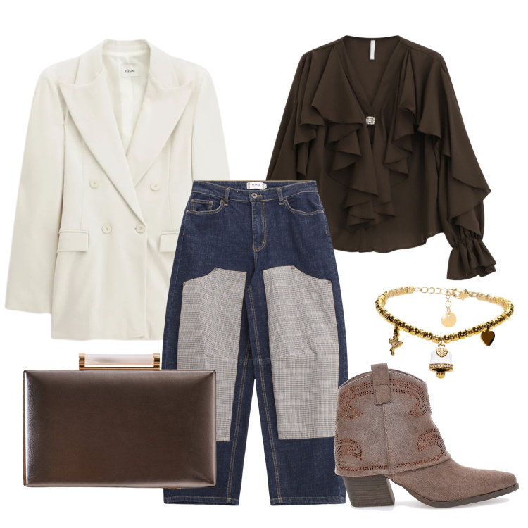 Outfit donna - Marzo. Stile Trendy per Tutti i giorni. Abbinamento con camicie, blazer, braccialetti, jeans, clutch, stivaletti texani.