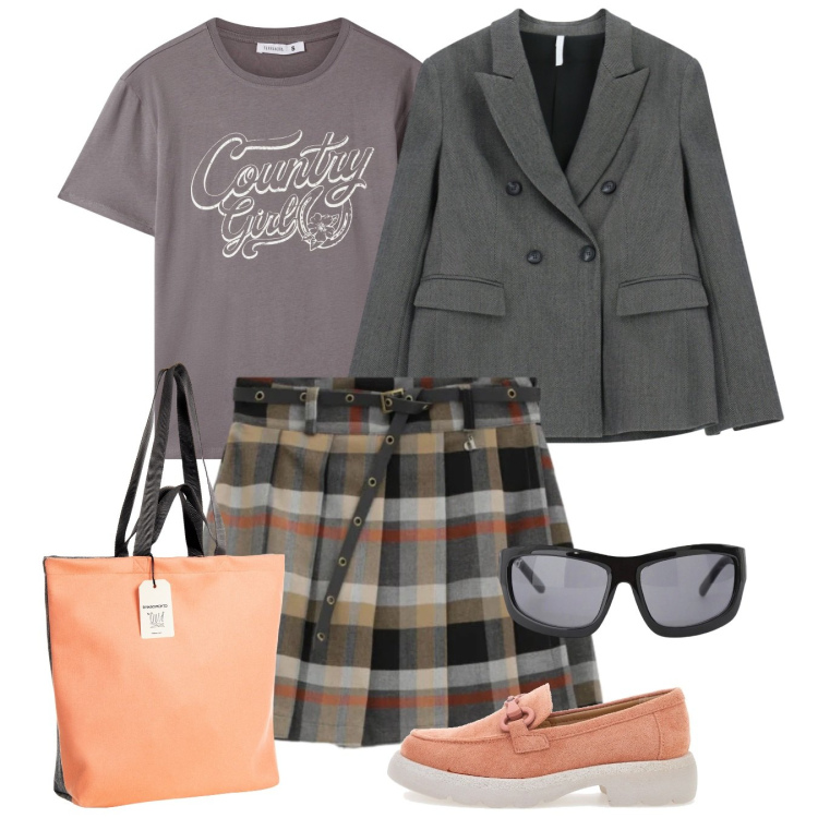 Outfit donna - Preppy time. Stile Preppy per Tutti i giorni. Abbinamento con t-shirt, occhiali da sole, blazer, minigonne, borse tote, mocassini.