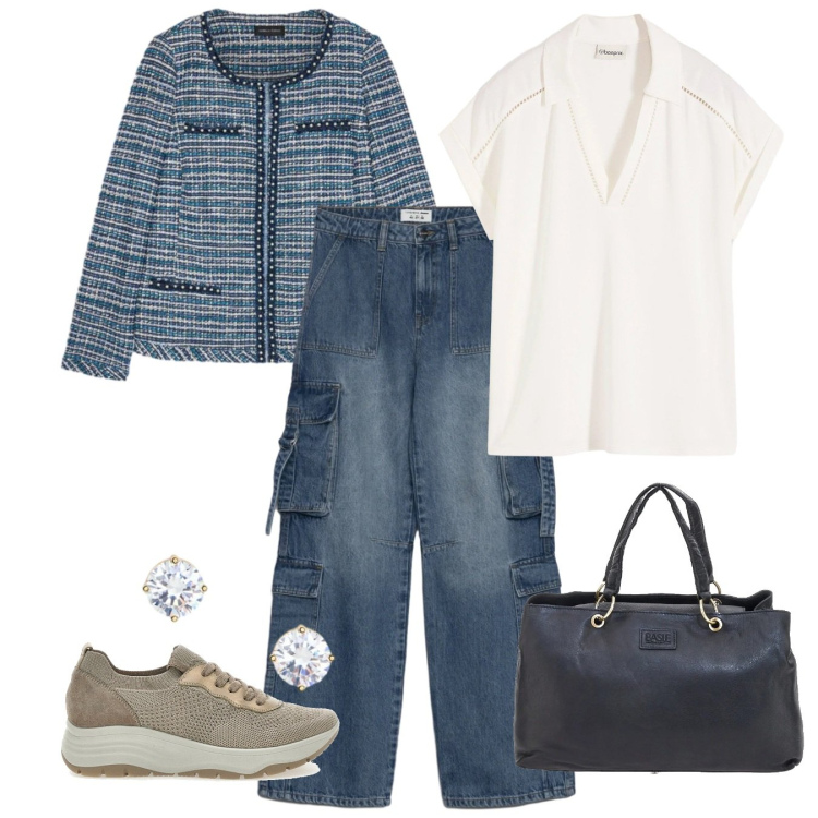 Outfit donna - Elementi chanel. Stile Casual chic per Tutti i giorni. Abbinamento con polo, jeans, blazer, orecchini, borse a mano, scarpe stringate.