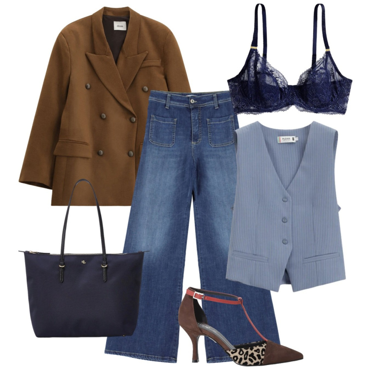 Outfit donna - Audace in jeans. Stile Casual chic per Tutti i giorni. Abbinamento con blazer, décolleté, gilet, jeans, reggiseni, borse tote.