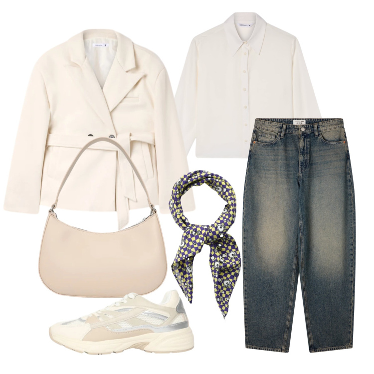 Outfit donna - Marzo. Stile Casual per Tutti i giorni. Abbinamento con jeans, blazer, sneakers, foulard, camicie, borse a tracolla.
