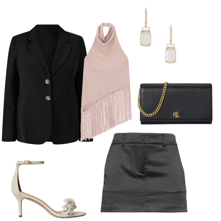 Outfit donna - Pink Glamour. Stile Glamour per Serata fuori. Abbinamento con minigonne, top, blazer, borse a tracolla, orecchini, sandali in pelle.