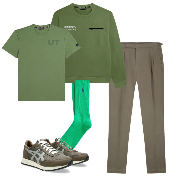 Outfit uomo - Verde di stagione. Stile Casual per Tutti i giorni. Abbinamento con felpe, t-shirt, calzini, sneakers, pantaloni.
