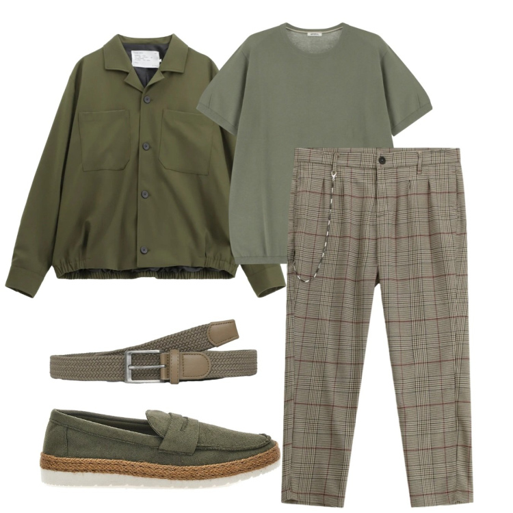 Outfit uomo - Verde di stagione. Stile Casual per Tutti i giorni. Abbinamento con t-shirt, cappotti, pantaloni, cinture, scarpe stringate.