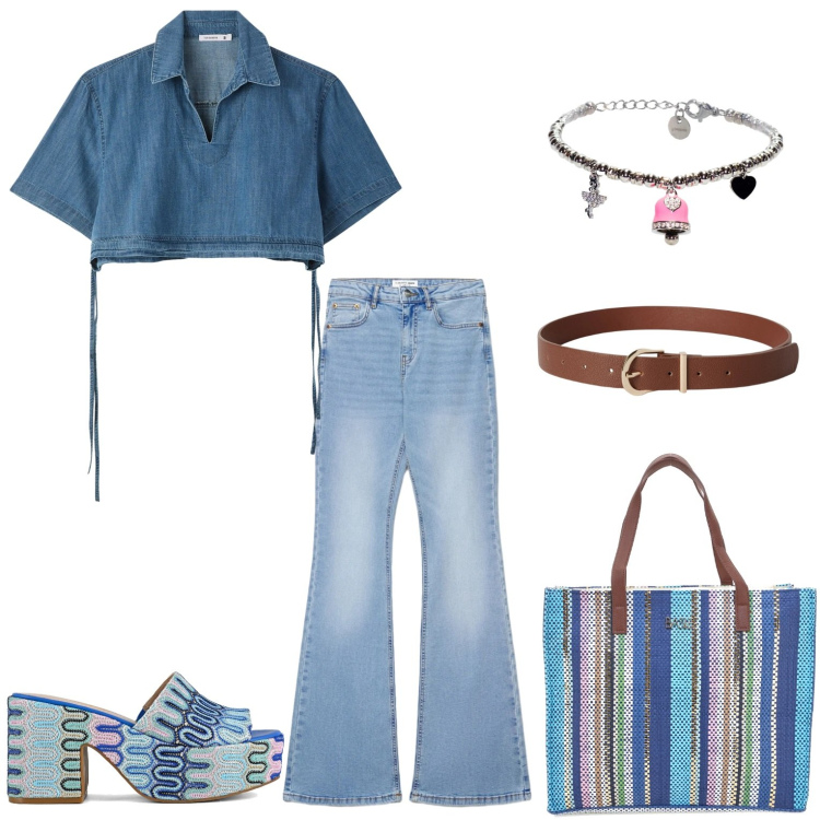 Outfit donna - Colours. Stile Casual per Tutti i giorni. Abbinamento con jeans a zampa, camicie a manica corta, cinture, braccialetti, shopping bag, sabot.