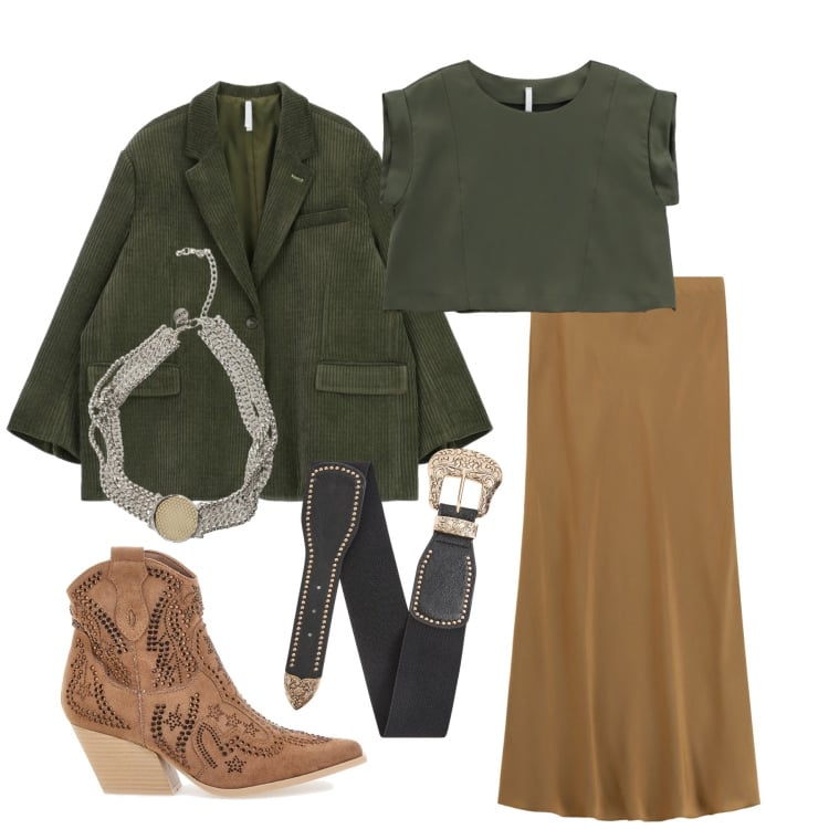 Outfit donna - Marzo. Stile Trendy per Tutti i giorni. Abbinamento con bluse, blazer, cinture, gonne lunghe, collane, stivaletti texani.