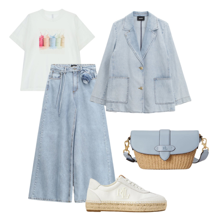 Outfit donna - Azzurro denim. Stile Trendy per Tutti i giorni. Abbinamento con t-shirt, blazer, jeans, borse a spalla, sneakers.