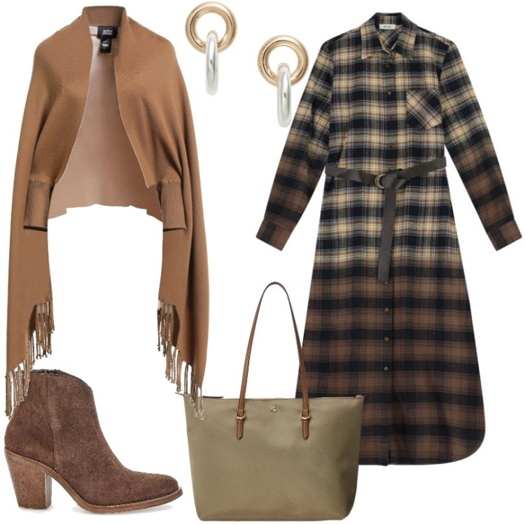 Outfit donna - vestito a quadri tonalità cognac. Stile Etnico per Tutti i giorni. Abbinamento con cappe, vestiti lunghi, borse tote, orecchini, stivaletti.
