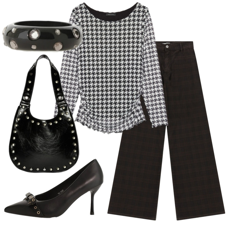 Outfit donna - Total look #2349981. Stile Glamour per Serata fuori. Abbinamento con décolleté, bluse, borse a spalla, anelli, pantaloni a palazzo.