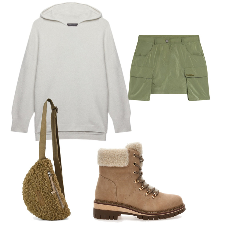 Outfit donna - Ragazze. Stile Urban per Tutti i giorni. Abbinamento con felpe con cappuccio, minigonne, anfibi, marsupi.