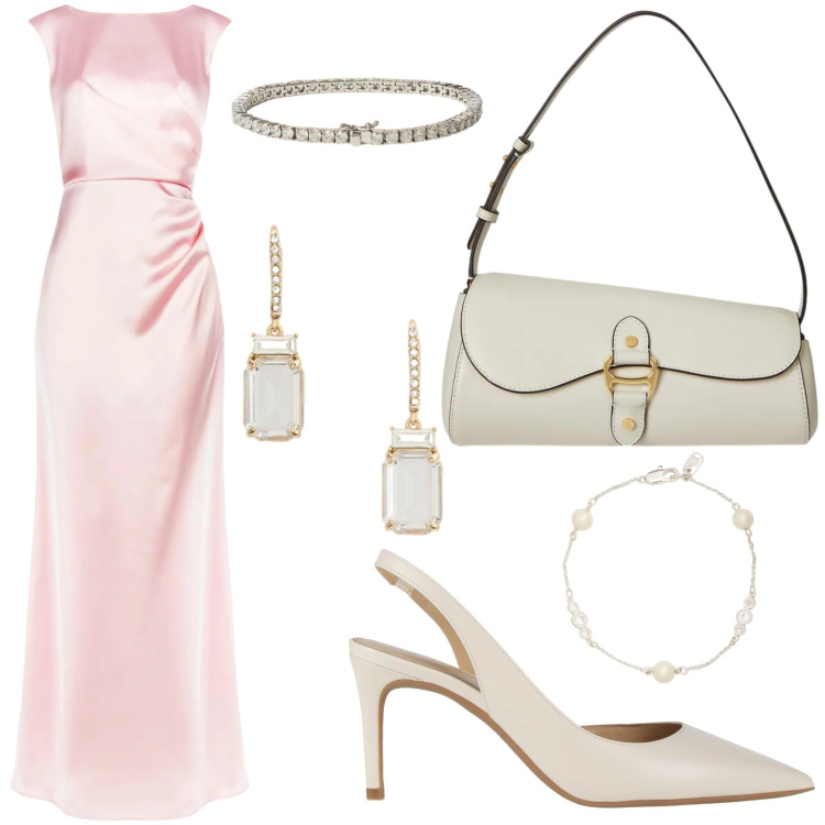 Outfit donna - Elegante. Stile Chic per Cerimonia. Abbinamento con décolleté, vestiti lunghi, orecchini, braccialetti, borse a spalla, braccialetti.