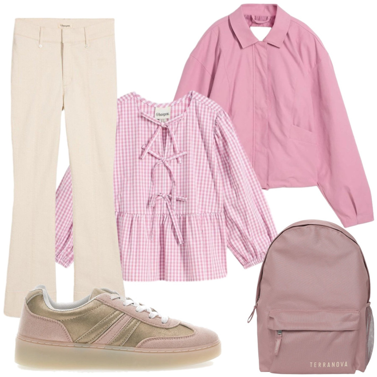 Outfit donna - Total look #2349986. Stile Romantica per Scuola/Università. Abbinamento con bluse, jeans bootcut, bomber, zaini, sneakers.