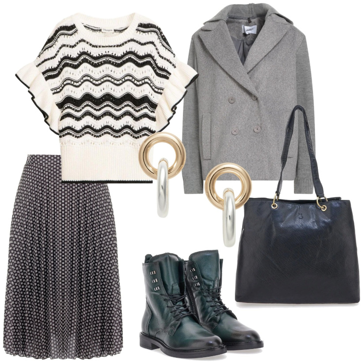 Outfit donna - Metropolitana. per Tutti i giorni. Abbinamento con caban, t-shirt, gonne longuette, orecchini, anfibi, shopping bag.