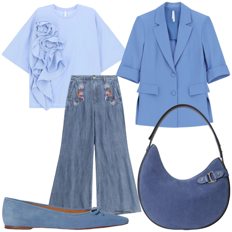 Outfit donna - Total look #2349992. Stile Casual chic per Ufficio. Abbinamento con t-shirt, blazer, pantaloni a palazzo, borse a spalla, ballerine.