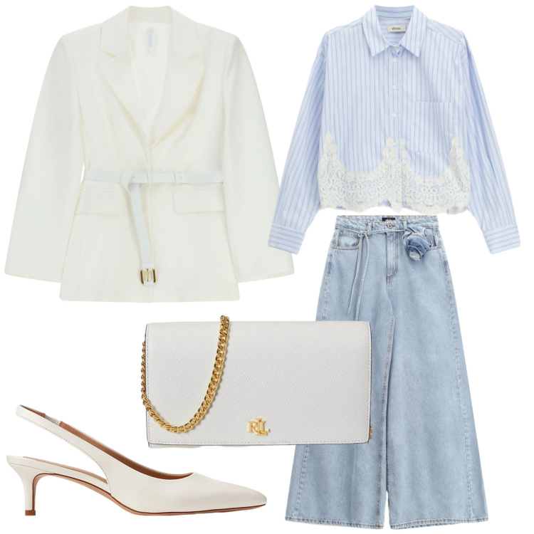 Outfit donna - Total look #2349997. Stile Trendy per Ufficio. Abbinamento con blazer, camicie, jeans, décolleté, borse a tracolla.