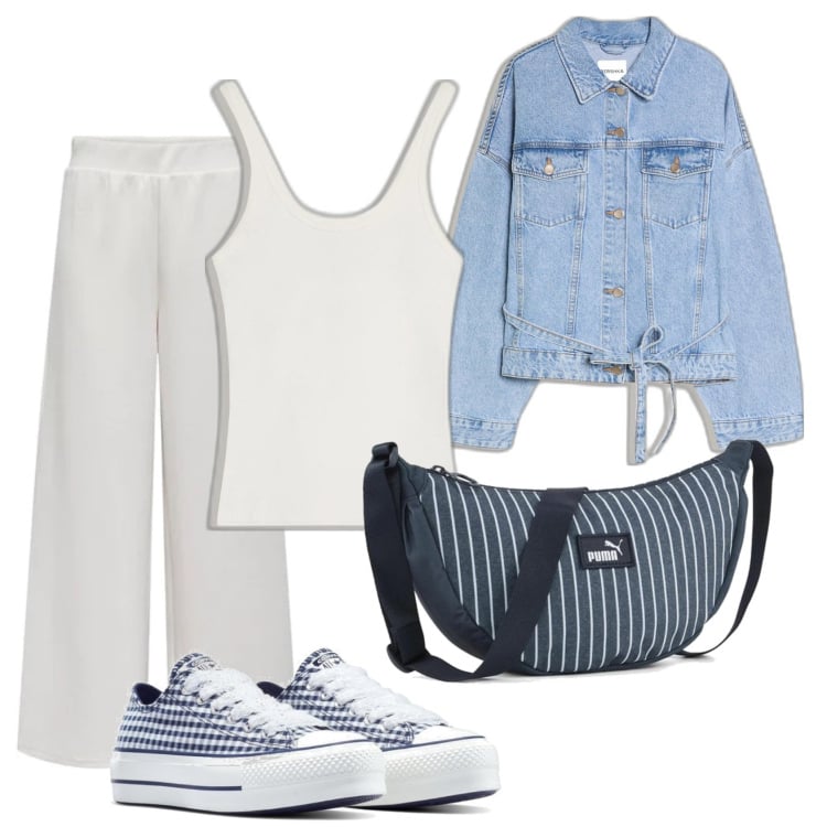 Outfit mujer - Casual look. Estilo Casual para Todos los días. Combinación con sneakers, pantalones, blazers, bandoleras, camiseta.