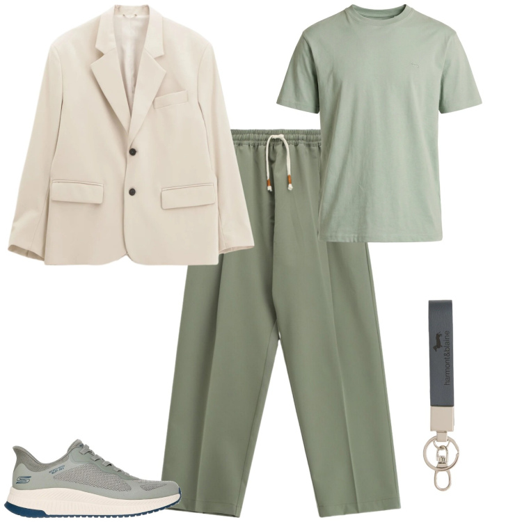 Outfit uomo - Trendy ufficio week end. Stile Trendy per Tutti i giorni. Abbinamento con t-shirt, portachiavi, giacche, pantaloni, sneakers.