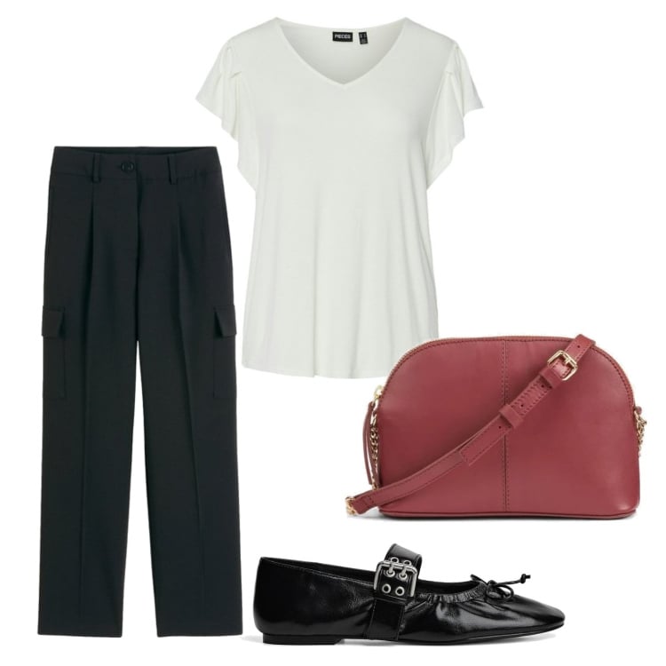 Outfit mujer - Urban style. Estilo Urban para Todos los días. Combinación con camiseta, bailarinas, pantalones cargo, bandoleras.