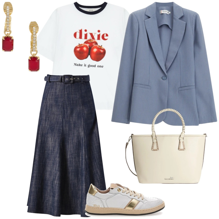 Outfit donna - Blazer in primavera. per Tutti i giorni. Abbinamento con shopping bag, t-shirt, blazer, gonne longuette, orecchini, sneakers.