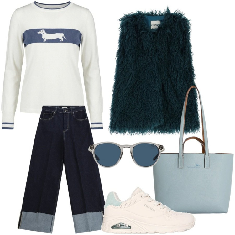 Outfit donna - Dinamica in città. Stile Urban per Tutti i giorni. Abbinamento con maglieria, shopping bag, jeans, gilet, occhiali da sole, sneakers.