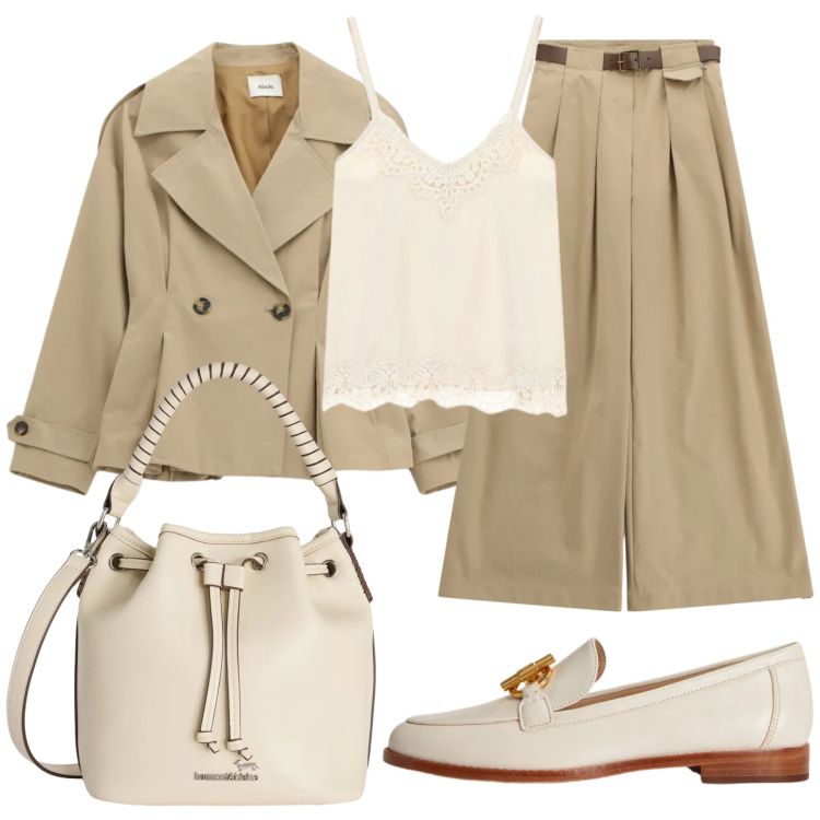 Outfit donna - Total look #2350013. Stile Casual chic per Ufficio. Abbinamento con borse a secchiello, blazer, pantaloni a palazzo, top, mocassini.