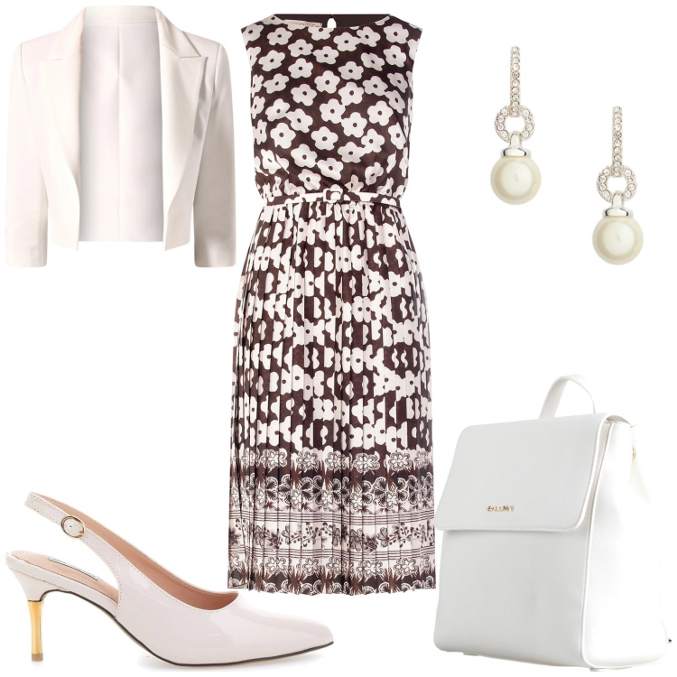 Outfit donna - Cerimonia in primavera. Stile Glamour per Cerimonia. Abbinamento con zaini, blazer, vestiti midi/longuette, orecchini, décolleté.