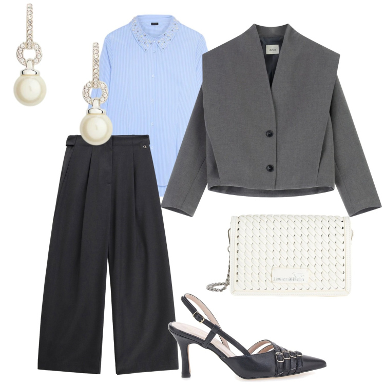 Outfit donna - Blazer. per Ufficio. Abbinamento con borse a tracolla, camicie, pantaloni a palazzo, blazer, orecchini, décolleté.