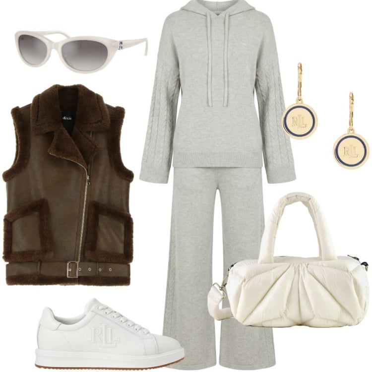 Outfit donna - Spirito outdoor. Stile Urban per Tutti i giorni. Abbinamento con tute, gilet, borse a mano, occhiali da sole, sneakers, orecchini.