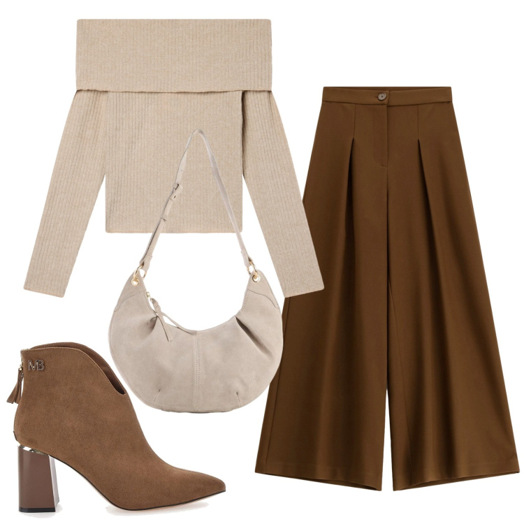 Outfit donna - Total look #2350018. Stile Trendy per Serata fuori. Abbinamento con borse a tracolla, maglieria, pantaloni a palazzo, stivaletti.