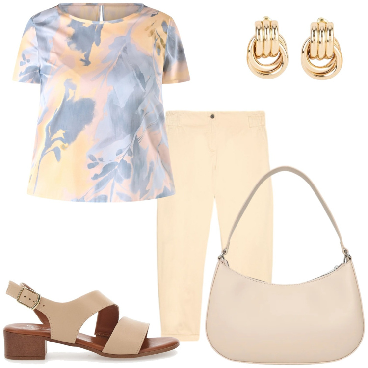 Outfit donna - Look di primavera. Stile Bon Ton per Tutti i giorni. Abbinamento con orecchini, borse a tracolla, pantaloni, bluse, sandali in pelle.