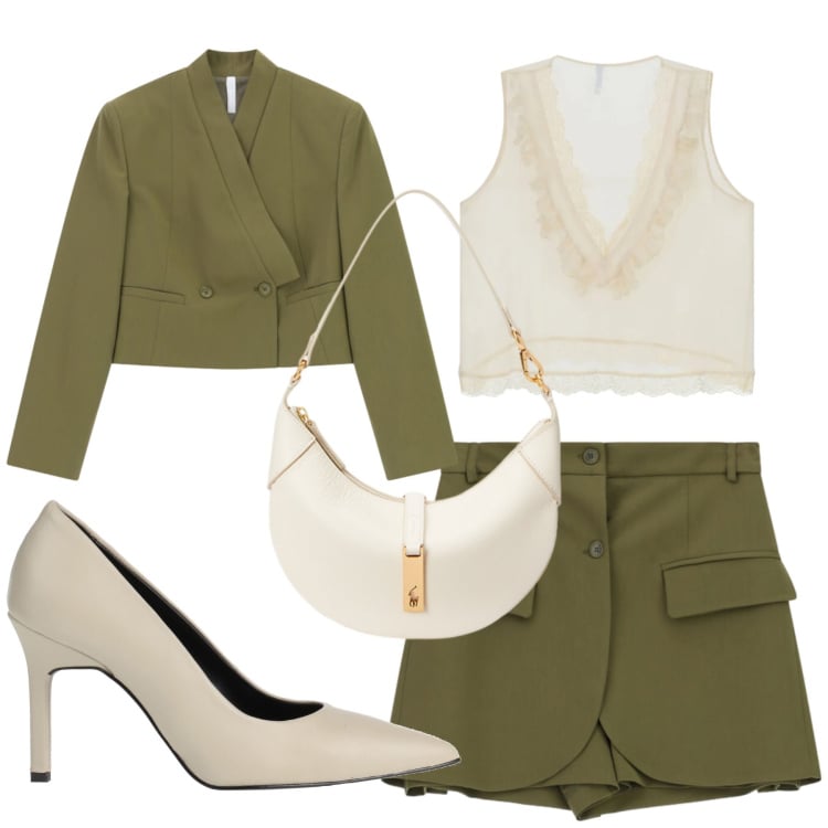 Outfit donna - Total look #2350023. Stile Glamour per Cerimonia. Abbinamento con décolleté, shorts, top, blazer, borse a spalla.