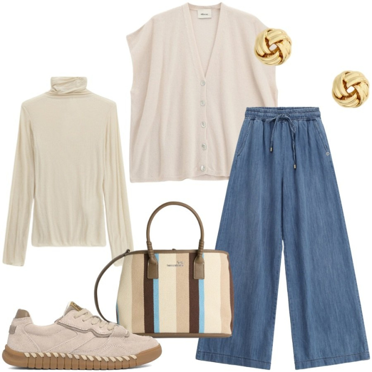 Outfit donna - Denim primaverile. Stile Casual chic per Tutti i giorni. Abbinamento con shopping bag, gilet, t-shirt, jeans, orecchini, sneakers.