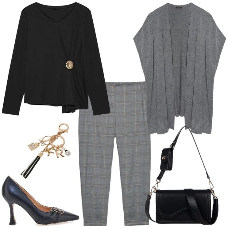 Outfit donna - Outfit per l\'ufficio per ogni occasione. Stile Casual per Ufficio. Abbinamento con t-shirt, pantaloni, gilet, portachiavi, pochette, décolleté.