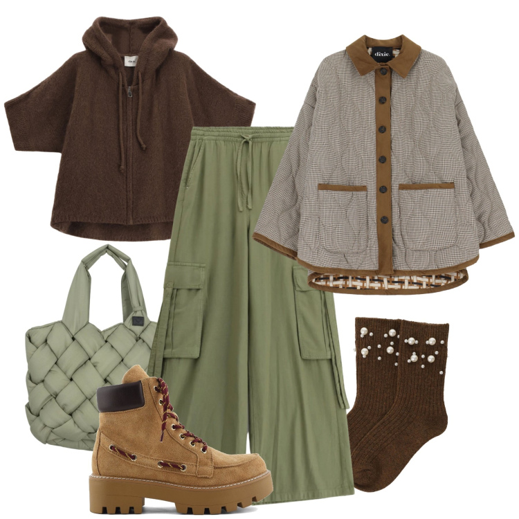 Outfit donna - City gorpcore - @cindyart. Stile Urban per Tutti i giorni. Abbinamento con cardigans, pantaloni cargo, giacche, calzini, borse tote, stivaletti.