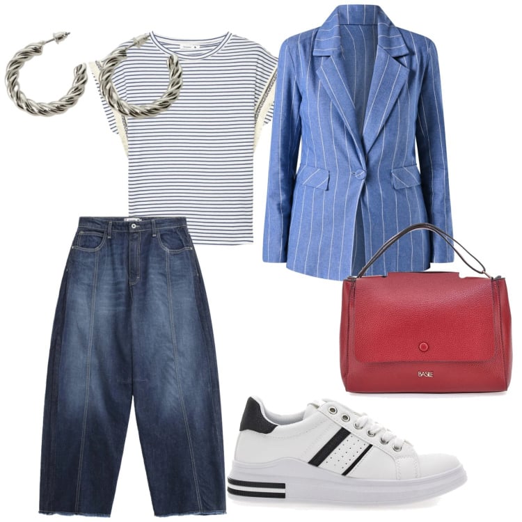 Outfit donna - Denim. per Ufficio. Abbinamento con t-shirt, jeans, blazer, orecchini, sneakers, borse a tracolla.