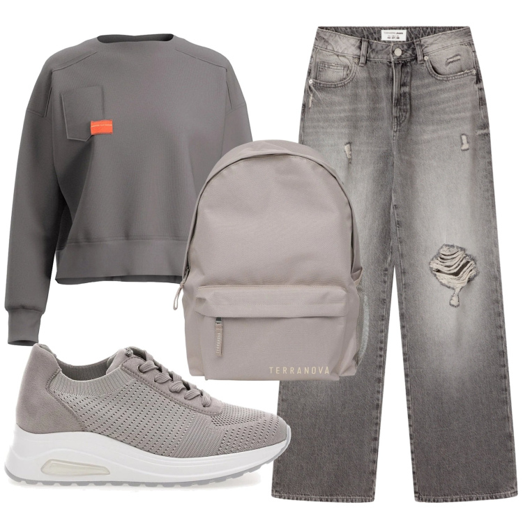 Outfit donna - Total look #2350031. Stile Casual per Scuola/Università. Abbinamento con jeans strappati, zaini, felpe, sneakers alte.