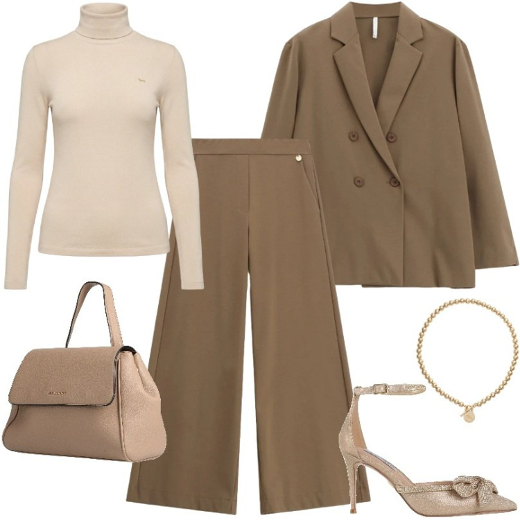 Outfit donna - Completo giacca e pantaloni imperial. Stile Casual chic per Serata fuori. Abbinamento con décolleté, zaini, maglieria, blazer, pantaloni a palazzo, collane.