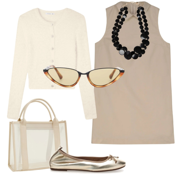 Outfit donna - Anni \'60. Stile Vintage retrò per Tutti i giorni. Abbinamento con borse tote, cardigans, occhiali da sole, collane, vestiti a tubino, ballerine.