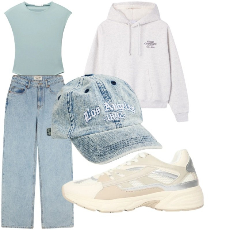 Outfit donna - Home. Stile Chic per Mare. look ideale per Petite. Abbinamento con jeans, felpe con cappuccio, cappelli con visiera, sneakers, top.