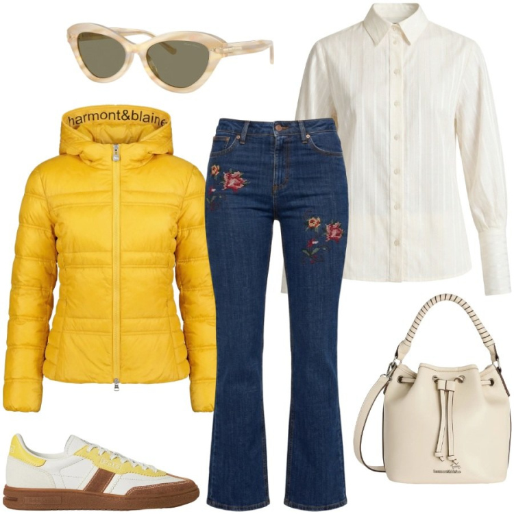 Outfit donna - Giallo vibrante. Stile Preppy per Tutti i giorni. Abbinamento con borse a secchiello, jeans, piumini, camicie, occhiali da sole, sneakers.