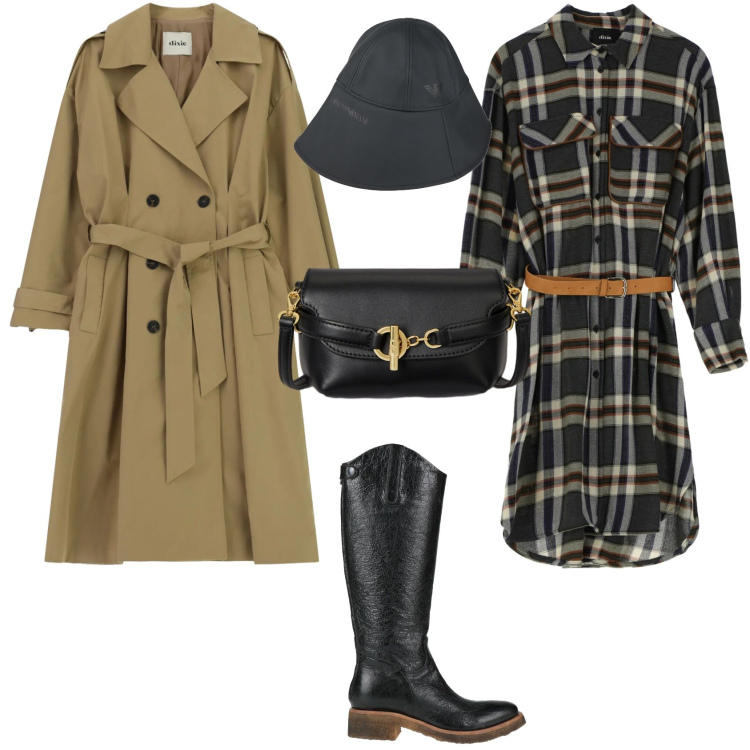 Outfit donna - British per muoversi in città. Stile Trendy per Tutti i giorni. Abbinamento con cappelli con visiera, stivali, trench, vestiti midi/longuette, borse a tracolla.